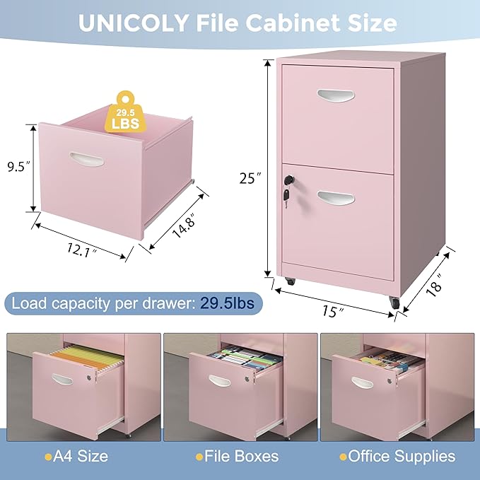 2 Drawer File Cabinet with Lock, Filing Cabinets with Wheels, Rolling File Cabinets for Home Office, Metal Office File Cabinet, for Holding Letters and File Boxes, Assembly Required, Pink