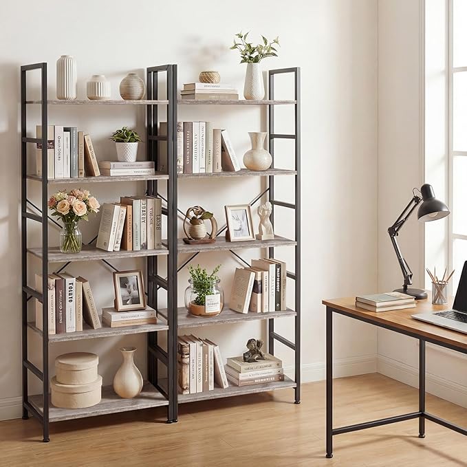 5 Tier Bookshelf, Free Standing Wooden Bookcase with Open Storage Shelves with Metal Frame, Sturdy Shelf Organization Display Rack for Living Room, Bedroom, Home Office, 62.2" Tall, Grey
