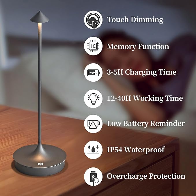 Cordless Table Lamp Rechargeable LED Battery Operated 4000mAh Table Lamp Touch Dimmable Lamp Outdoor Waterproof Portable Wireless Table Light for Dining Restaurant Bar Indoor/Outdoor Use (Grey-2PC)