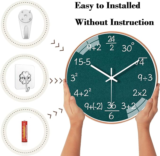 10 Inch Math Wall Clock Silent Non Ticking Movement Quality Quartz Wall Clock for Office Classroom/School/Home/Kitchen/Living Room Wall Decorations (Green)