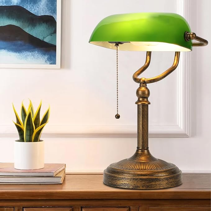 NISSAFORS Bankers Desk Lamp, Green Glass Shade, Vintage Desk Lamp with Pull Chain Switch, Retro Table Lamps for Home Office (Retro Gold+Green, Large)