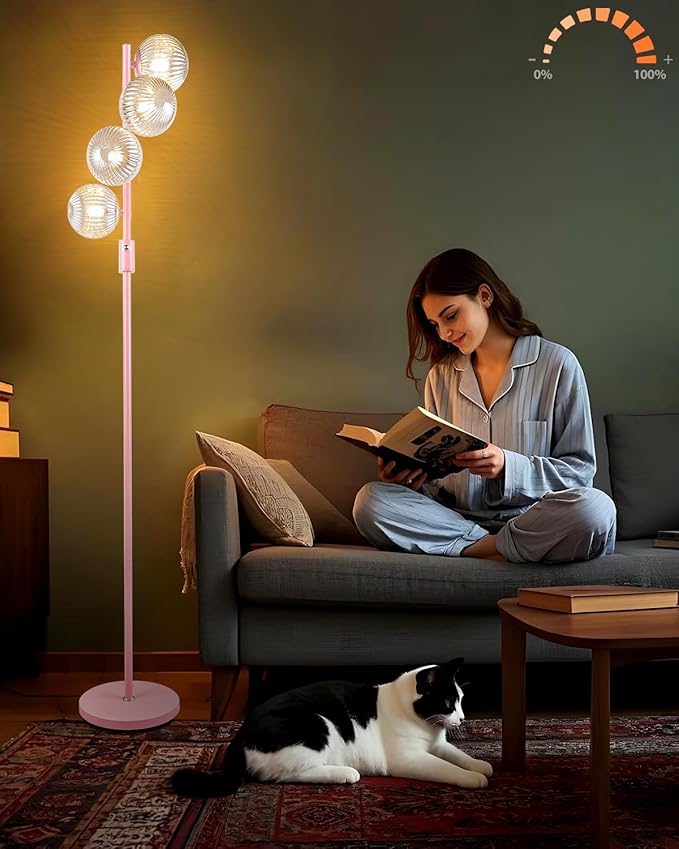 Lightdot 64IN Dimmable Floor Lamp with Globe Clear Glass Shade, Modern Pink Standing Lamps with 4PCS 3000K Bulbs Included, Mid Century Floor Lamp for Living Room Bedroom//Sofa Beside/Corner Decor