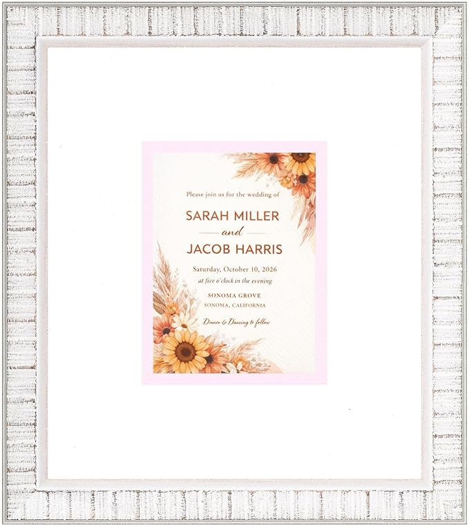 Poster Palooza Wedding Invitation Display Frame 10x11.25 in White With White and Pink Double Mat for 4.25x5.5 A2 Keepsake | USA Made