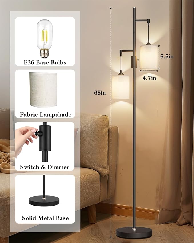 Lightdot 65IN Black Floor Lamp for Living Room, Industrial 2-Light Tree Floor Lamps with Linen Shade, Mid Century Modern Standing Tall Lamp for Bedroom/Sofa Beside/Corner Decor-Black(Bulb Included)