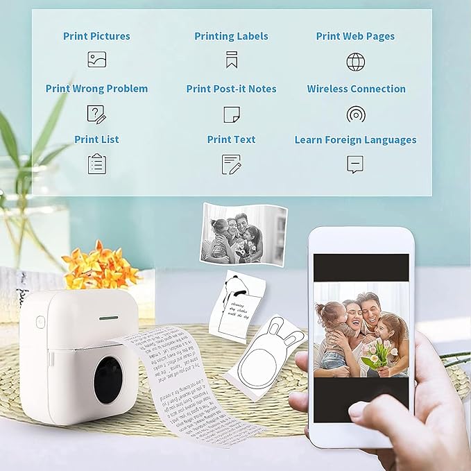 Portable Thermal Sticker Printer with Bluetooth Connectivity for Mobile Devices - Includes 10 Rolls of 57 x 26 mm Self Adhesive Paper - Inkless Printing for Office and Personal Use
