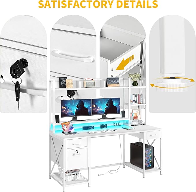 DWVO Computer Desk with Drawers & Hutch, 59.1" Office Desk with Power Outlets & LED Lights, Home Office Desk with Storage Shelves, White