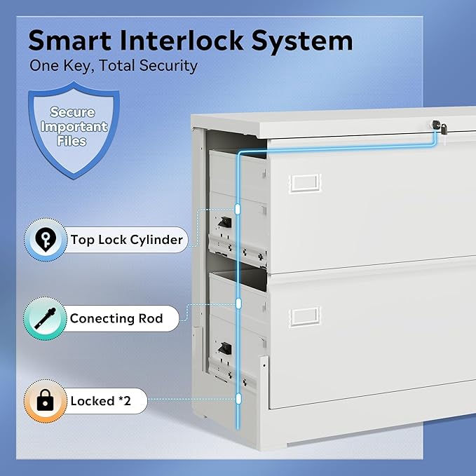 DEVAISE Lateral File Cabinet with Lock, 2 Drawer Metal Filing Cabinet for Home Office Organizer Hanging Files Letter/Legal/F4/A4 Size, Required Assembly, White