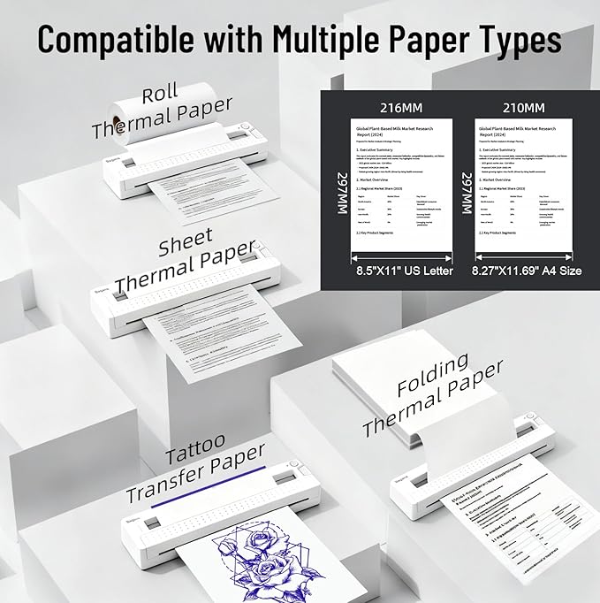 Bagana Inkless Portable Printer, Wireless Thermal Small Bluetooth Mobile Travel Printer for iPhone Android Laptop Supports 8.5x11 Inch US Letter Thermal Paper for Home Office School