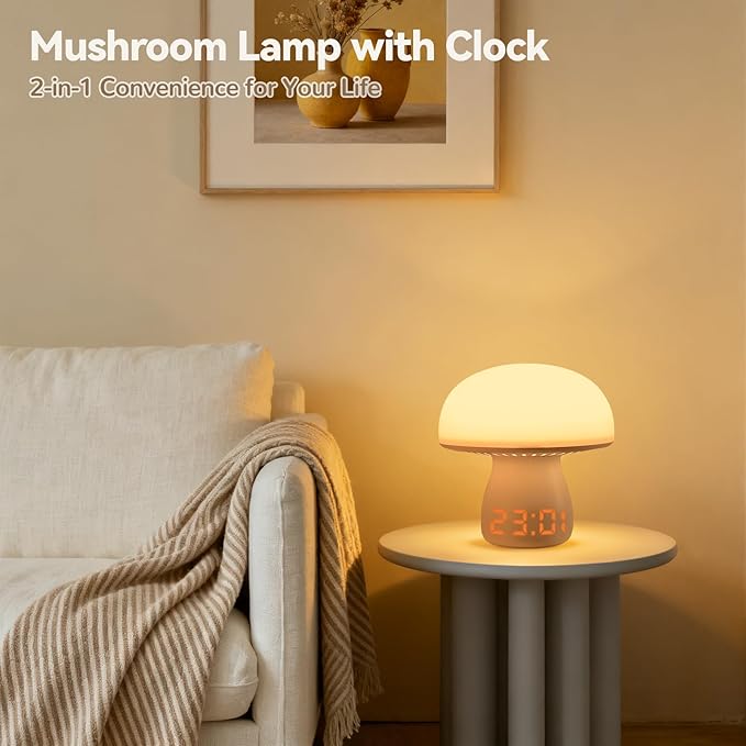 Mushroom Lamp with Clock, Cute Touch Bedside Table Lamps for Bedroom Living Room Decor, Small Portable Wireless Desk Lamp for Nightstand, Rechargeable Mushroom Night Light for Kids Adults (Model A)