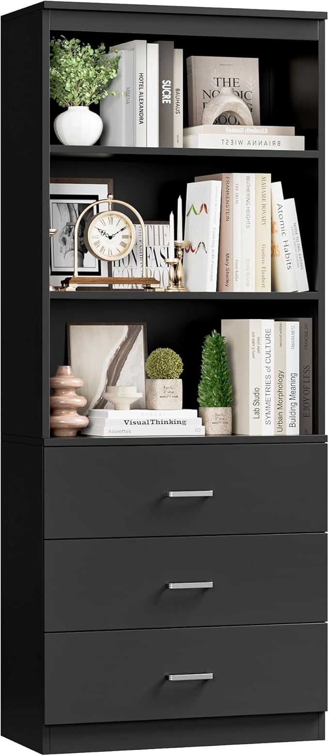 FOTOSOK 71“H Black Bookshelf with Drawers, Bookshelf and Bookcase with 3-Tier Open Shelves, Tall Bookcase Tall Storage Cabinet for Home Office