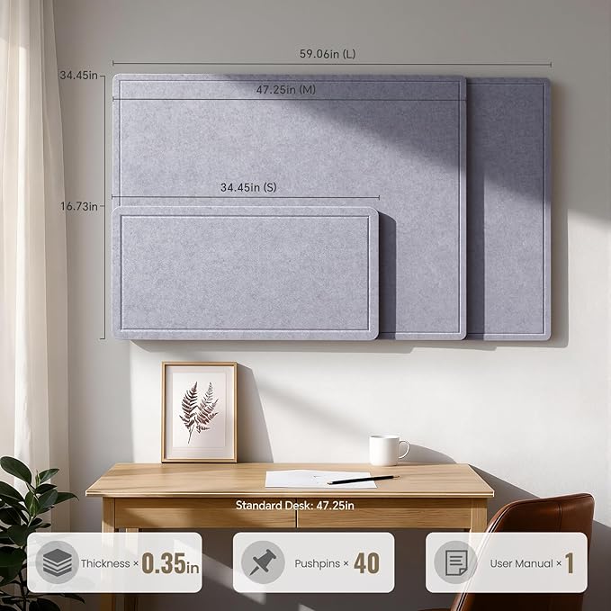 Large Bulletin Board, 35 X 17 Inches Felt Cork Board with 40 Pushpins, Foldable Felt Notice Pin Board Photo Display Board with Self-Adhesive Tape for Office Home School (Light Gray, 35x17 inch)