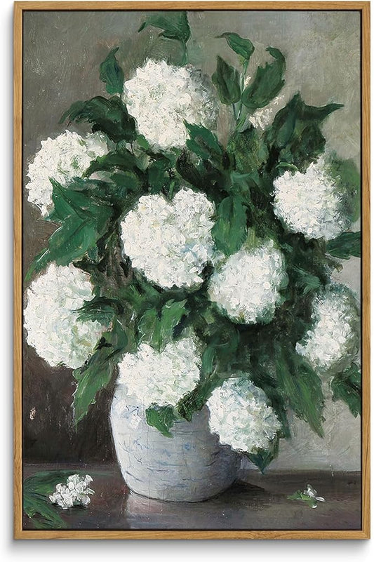 InSimSea Framed Canvas Prints Art Vintage Decor, Flower Wall Art Home Decor, White Hydrangea Paintings Large Prints, Botanical Floral Wall Decoration for Living Room Bathroom Office, 16"x24"