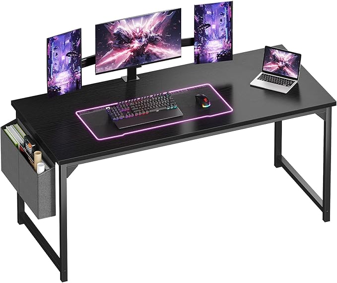 OLIXIS Computer Desk 63 Inch Home Office Desks for Small Spaces, Gaming Writing Study Work Table with Storage Bag for Bedroom, Black