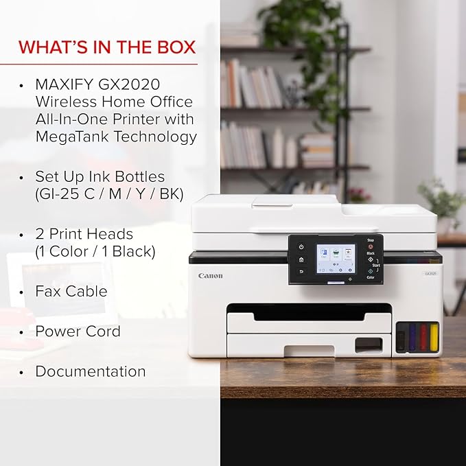 Canon MAXIFY GX2020 Wireless MegaTank All-in-One Color Printer Bundle | Print Copy Scan Fax | for Home Office Small Business High Volume Documents + Cleaning Kit + Ethernet Cable + More (8 Items)