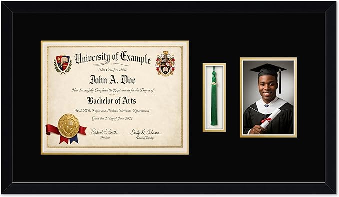 CountryArtHouse Diploma Tassel and Photo Shadowbox Fits 13 x 10 College Diploma (Traditional) with Tassel H Matte Black Genuine Hardwood with Black Over Metallic Gold Double mat