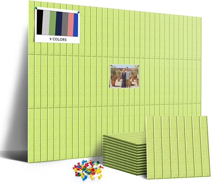 MISSDAY Large Felt Bulletin Board 48" x 36" Cork Board for Wall, 12-Pack Cork Boards with 72 Safe Removable Adhesive Tabs, 50 Pushpins, Pin Board for Home Office Classroom Soundproof Wall Tile, Green