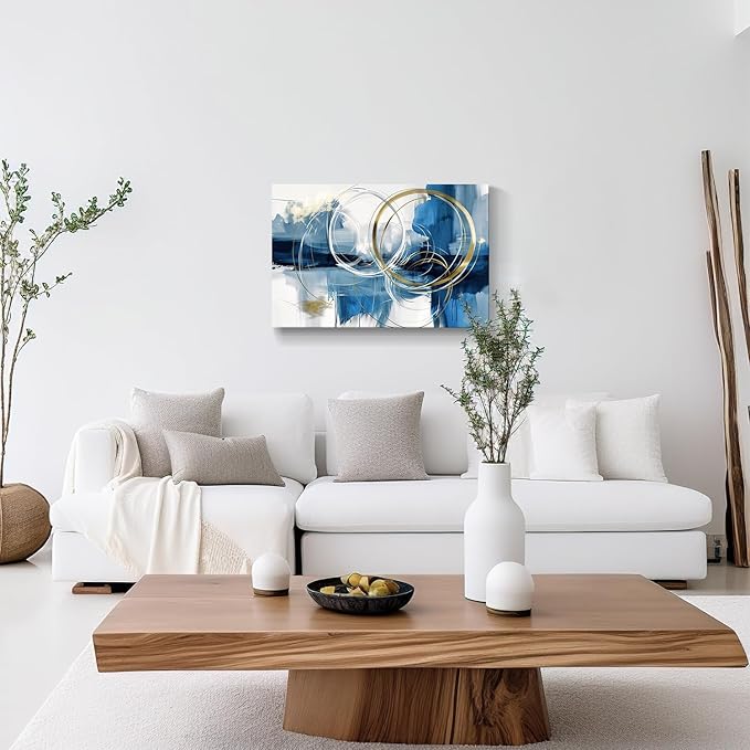 gaosoul Minimalist Abstract Canvas Wall Art Blue and Gold Doodles on White Background Painting Prints Stylish Framed Artwork for Living Room Bedroom Office Decor 30x20in