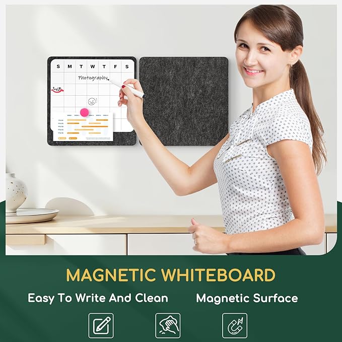 DOLLAR BOSS Felt Bulletin Board & Dry Erase Whiteboard Calendar Combo 2 Pcs 12" X 12" Magnetic White Board Cork Board for Wall Frameless Combination Board with Pins Wall Decor for Home School Office