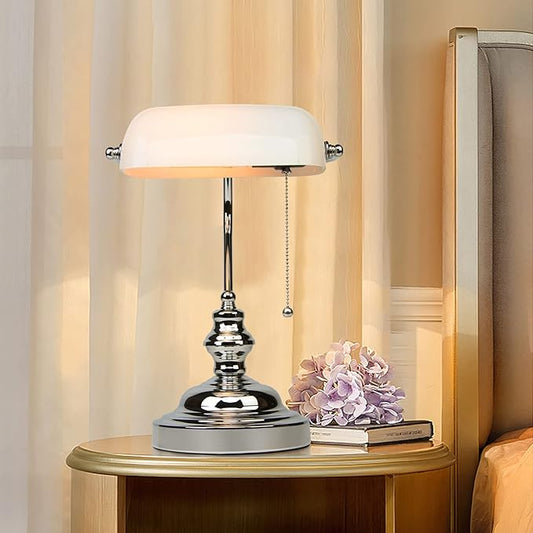 FIRVRE Bankers Lamp with White Glass Shade, Desk Lamp Library Lamp with Pull Chain, Vintage Desk Lamp for Office, Study Room