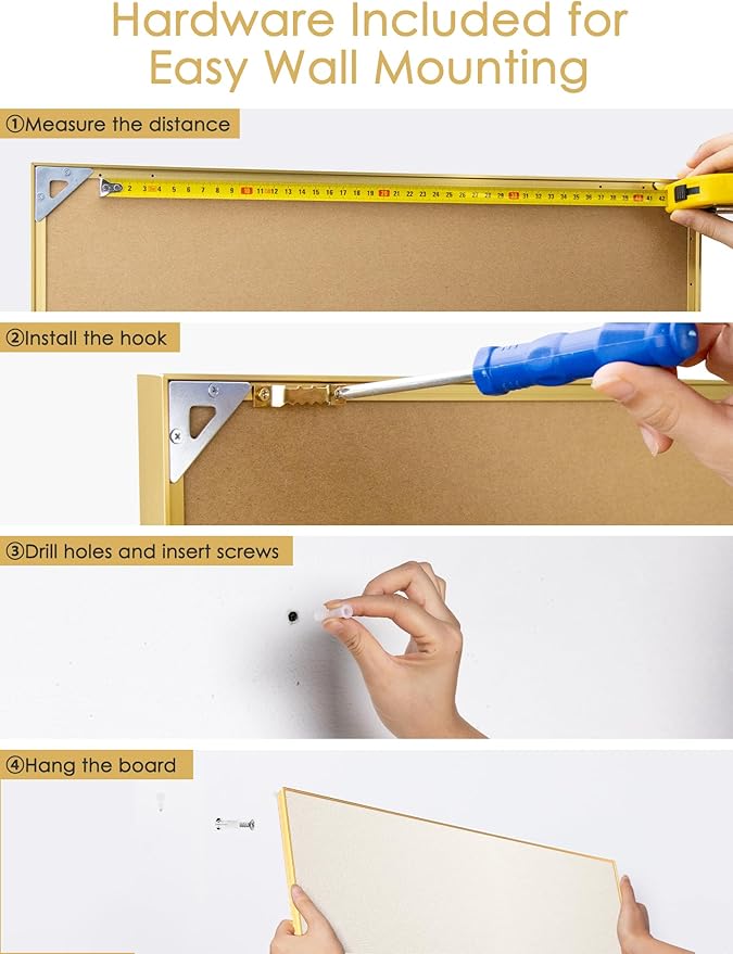 Bulletin Board 30 x 20 inches, Oatmeal White Pin Board Vision Board, Golden Aluminum Framed Fabric Cork Board with 10 Push Pins