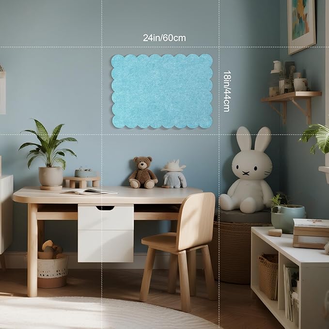 Scalloped Bulletin Board, 24 x 18 Inches Felt Pin Board - Decorative Cork Alternative for Wall, Foldable Picture Self-Adhesive Vision Prayer Board with 20 Pushpins - Turquoise Blue