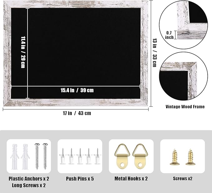 Black Felt Bulletin Board, 17x13 inches Decorative Hanging Bulletin Boards for Walls with Wood Frame, Pin Board Vision Board for Office Home Kitchen and School with Pins (4333,WH,1pc)