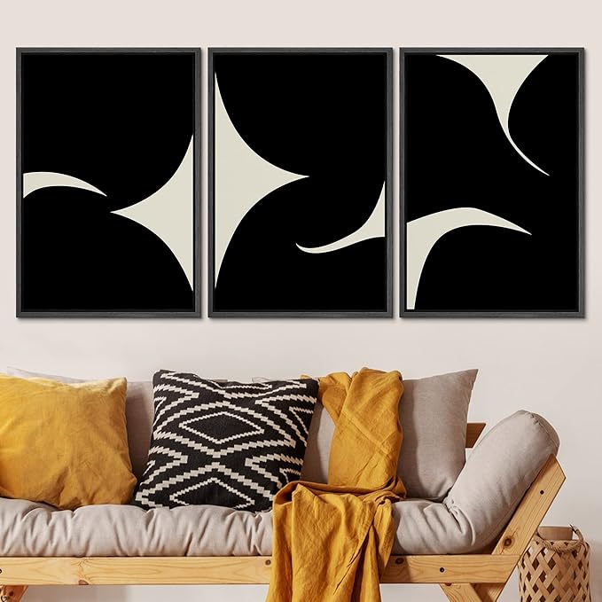 SIGNLEADER Framed Canvas Print Wall Art Set Duotone Minimal Ink Blot Geometric Landscape Abstract Shapes Illustrations Modern Art Boho Decorative for Living Room, Bedroom, Office - 16"x24"x3 BLACK