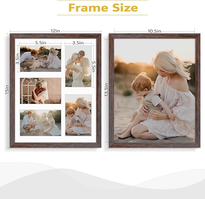 Golden State Art, 11x14 Distressed Brown Wooden Frame with White Mat - Displays Five 4x6 Photos - Tempered Glass - Wall Mounting, Portrait, Set of 3