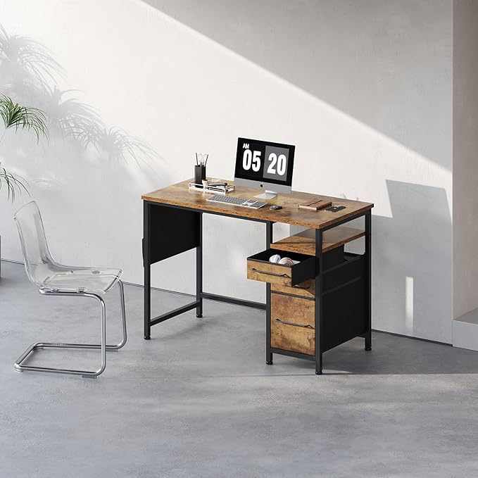 Ｍａｉｈａｉｌ Maihail Small Desk with Drawers, 40 inch Computer Desk with Shelves, Writing Desk with Storage, Small Office Desk with Metal Frame, Rustic Brown2