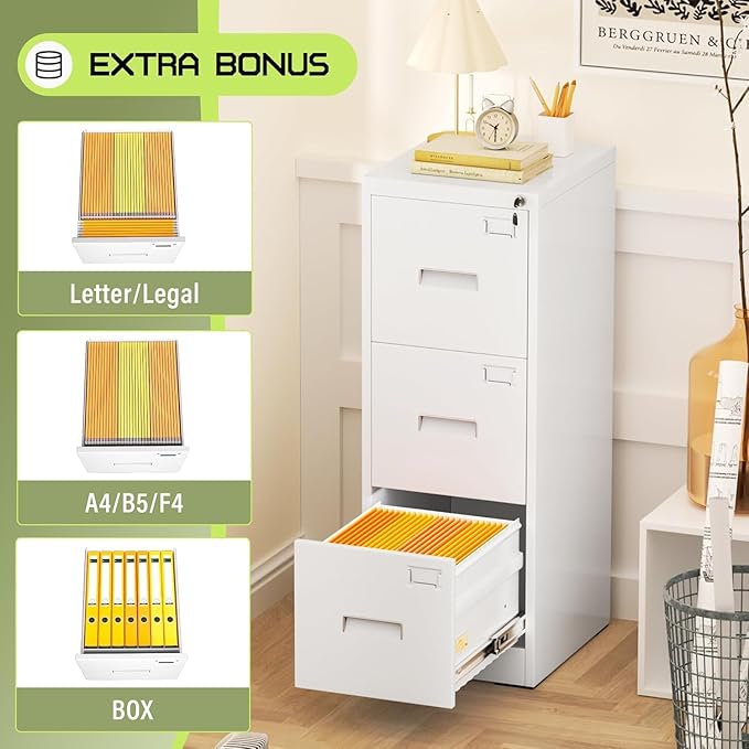 Incbruce 3 Drawer File Cabinet, Metal File Storage Cabinet with Lock Under Desk for Home Office, Easy Assemble (White)