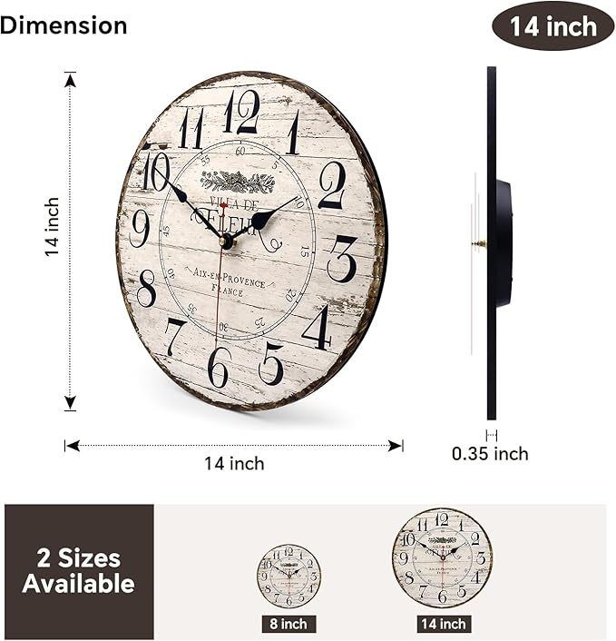 14 Inch Retro Vintage French Country Style Round Wooden Wall Clock Silent Battery Operated Non-Ticking Decorative Clock for Kitchen Farmhouse Bedroom Home Wall