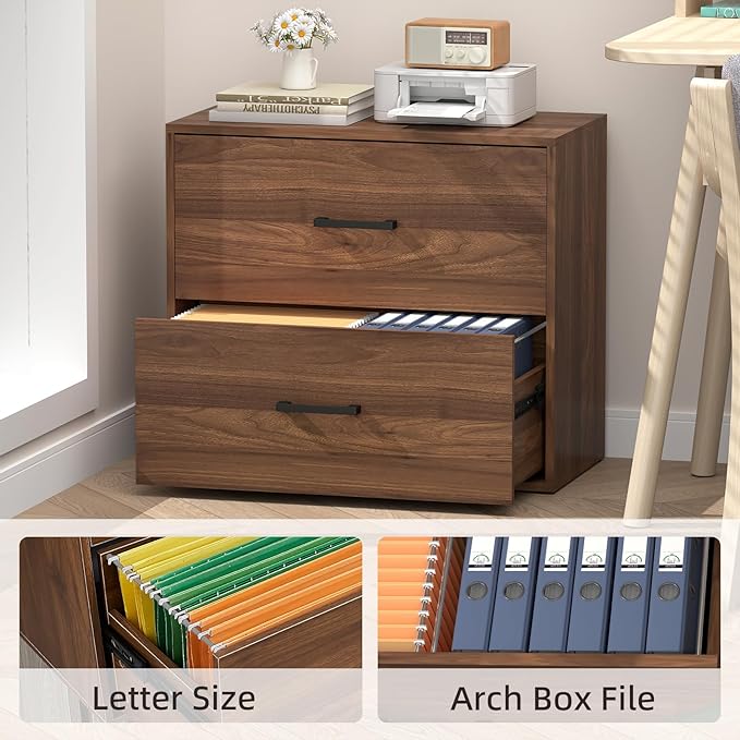 Lateral File Cabinet 2 Drawer, Walnut Woood File Cabinets for Home Office, Office File Cabinet for Letter/Legal/Hanging Files, Easy Assembly