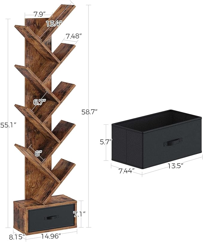 Rolanstar Tree Bookshelf with Drawer, 9 Shelf Bookshelf, Wooden Bookcase Storage Rack for CDs/Movies/Books, Corner Bookshelves, Utility Organizer Shelves for Living Room, Bedroom, Rustic Brown