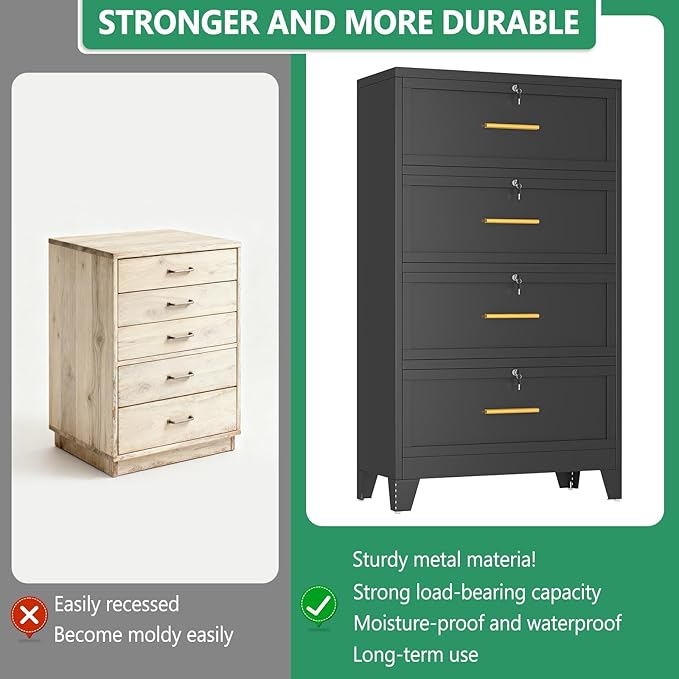 Metal Lateral File Cabinet with Lock,4 Drawer Steel Wide Filing Organization Storage Cabinets,Office Filing Cabinet for Legal/Letter/A4/F4 Size with Hanging Files&Key,Lockable Cabinets for Home Office