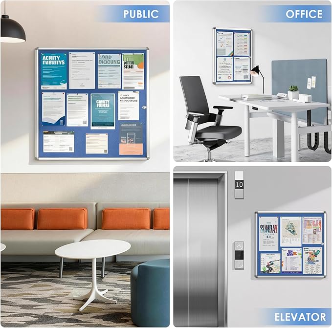 SWANCROWN Pins Bulletin Board Enclosed Lockable Noticeboard Glass Display Case for Home Office School,Blue Fabric,38"x38" (12xA4)