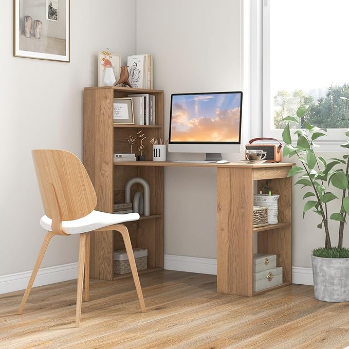 Giantex 48 Inch Computer Desk with Bookshelf, 3-in-1 Home Office Desk with 4-Tier Bookcase & CPU Stand, Space-Saving Reversible Writing Desk Work Table for Bedroom, Study Room, Office (Natural)
