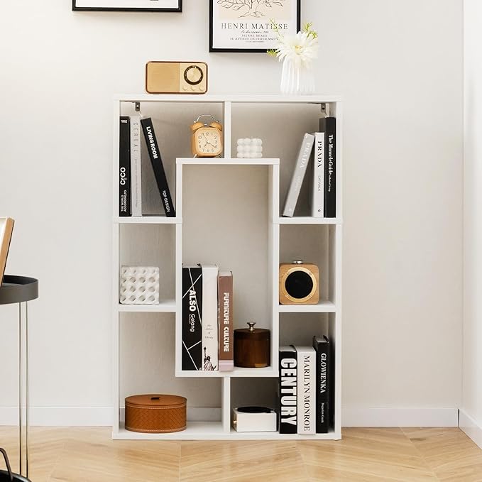 Tangkula 35.5” Geometric Bookshelf, Freestanding Wood Open Bookcase with 7 Cubes, Anti-Toppling Devices, Home Office Décor Rectangular Storage Shelf Display Rack for Study Living Room (2, White)