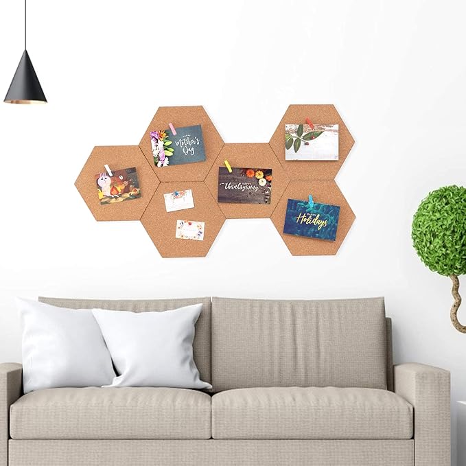 HBlife Hexagon Cork Board Tiles 10 Pack Self-Adhesive Corkboards for Wall Pin Board Decorative Bulletin Board for Office Home Kitchen with 50 Multi-Color Push Pins