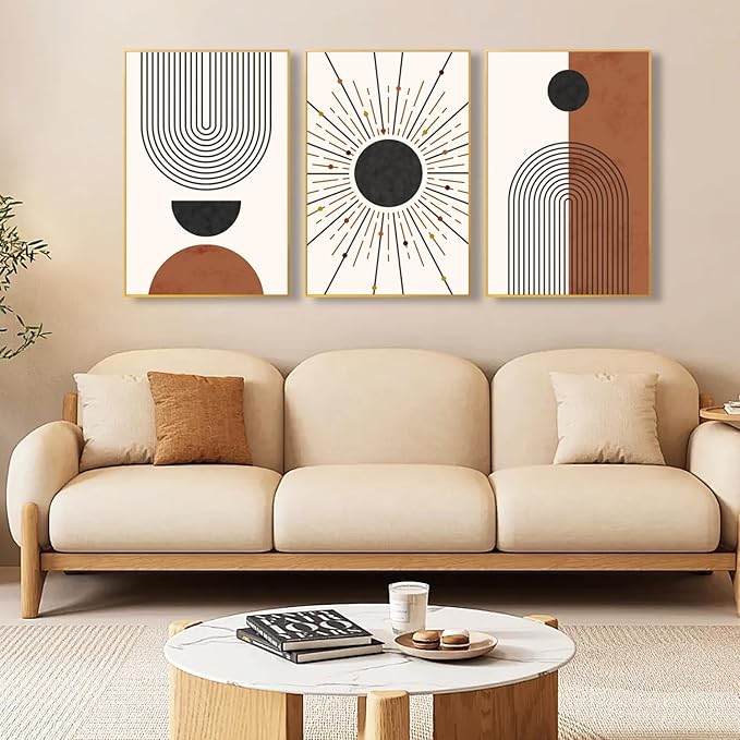 Minimalist Boho Framed Canvas Wall Art Set, Neutral Geometric Line Sun Wall Decor, Mid Century Wall Painting, Abstract Modern Bohemian Art Print for Living Room, Bedroom, Office -24"x36"x3