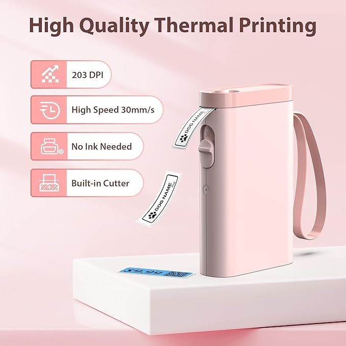 P21 Label Maker Machine with Tape, Label Printer Thermal Mini Label Makers with Built-in Cutter and Multiple Templates, Portable Printers for School, Office and Home Use (Pink)