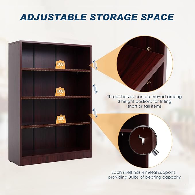 Farini Mahogany Bookshelf for Bedroom 4 Shelf Office Bookcase 48 Inches Tall Modern Wood Bookshelf for Living Room 4 Tier Wide Manga Books