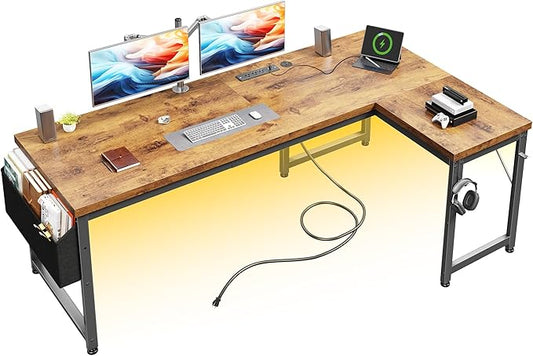 63" L Shaped Desk with Power Outlets and USB-C Port, Reversible Computer Desk, Larger Office Corner Gaming Desk with LED, 0.95" Thicker Desktop, Metal Frame, for Home Office, Study,Brown