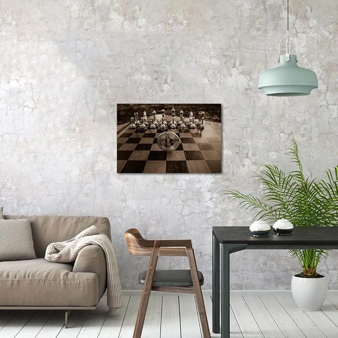 Golden Chess and Bitcoin Canvas Wall Art Motivational Life Quote Game Bitcoin Wall Art Poster Canvas Posters and Prints Pictures Chess Office Wall Decor Framed Easy to Hang-16x12 inch