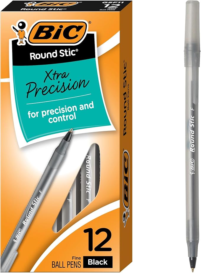 BIC Round Stic Xtra Precision Fine Black Ballpoint Pens, Medium Point (0.8 mm), 12-Count Pack, Excellent Writing Pens