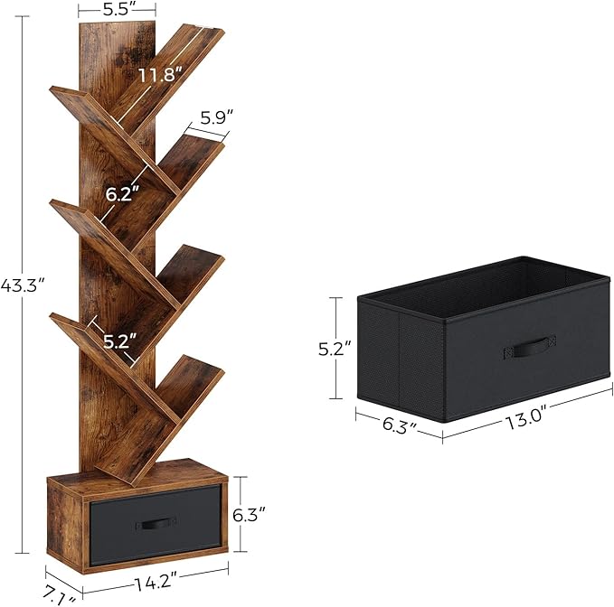 Rolanstar 7 Tier Bookshelf with Drawer, Tree Bookshelf, Small Bookshelves with Storage Rack for CDs/Movies/Books, Standing Book Shelf, Tall Narrow Bookcase for Living Room, Bedroom, Rustic Brown