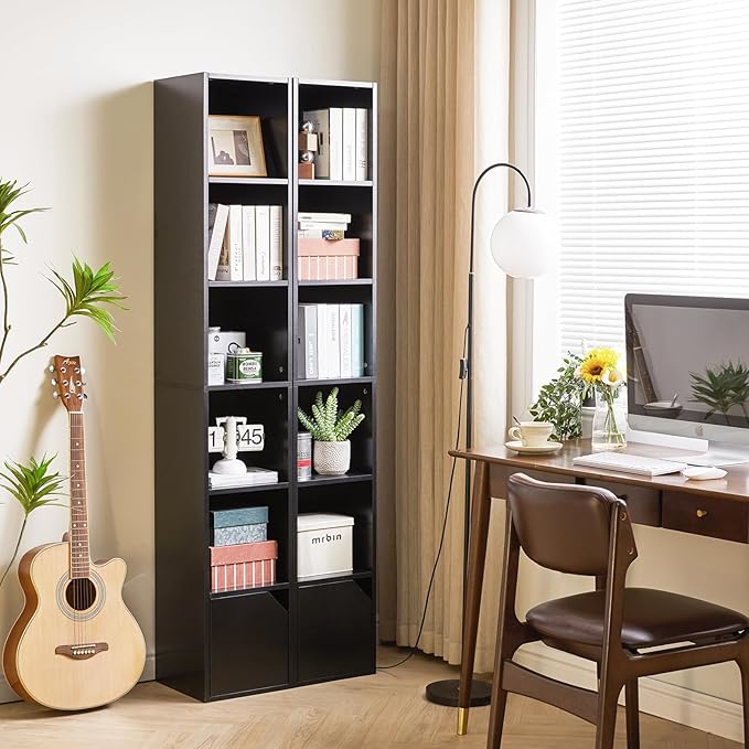 IBUYKE 6 Tier Narrow Bookcase with Doors, Cube CD DVD Storage Cabinet,Slim Media Tower Rack,Cabinet,Black Bookcase Display Storage Shelves for Small Spaces,for Home Office Black UWBC001B