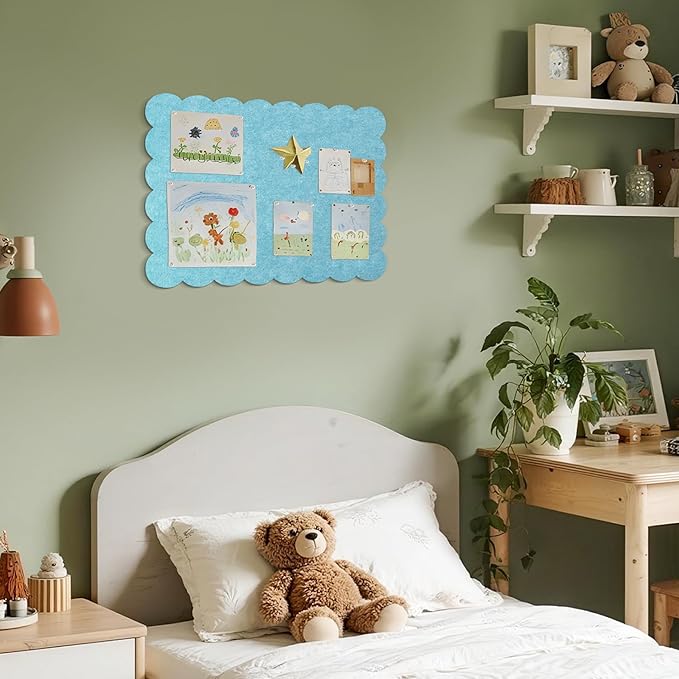 Scalloped Bulletin Board, 24 x 18 Inches Felt Pin Board - Decorative Cork Alternative for Wall, Foldable Picture Self-Adhesive Vision Prayer Board with 20 Pushpins - Turquoise Blue
