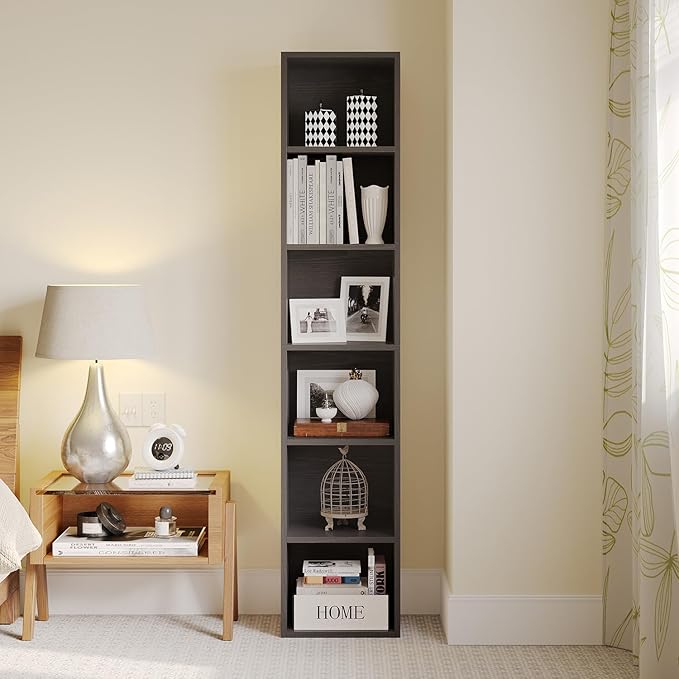 MXV Narrow Bookshelf, 6-Tier Open Bookcase, Coner Shelf, Storage Shelves, Display Storage Shelves, Floor Standing Unit, Home Decor, Furniture for Home Office, Living Room, Bedroom, Black