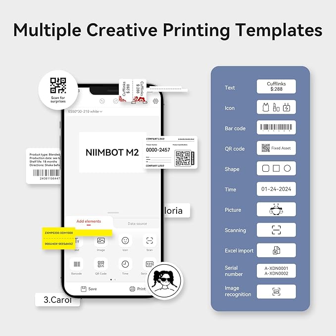 NIIMBOT M2 Thermal Transfer 2Inch Bluetooth Label Maker with 50×30mm White Label Tape for Office Small Business School Home Cable Storage, Compatible with Phones & PC