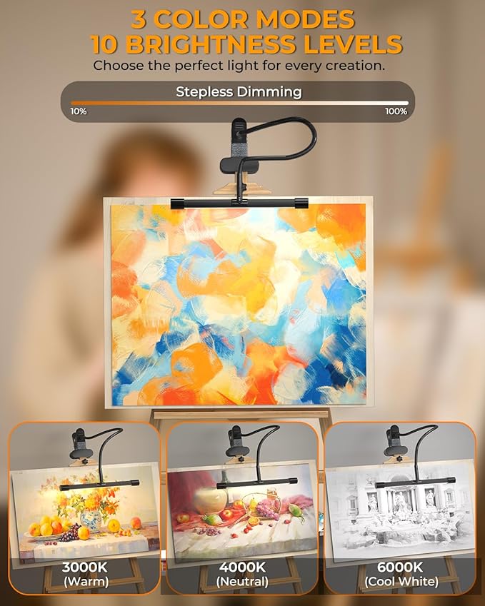 Clip-On Easel Lights for Painting,7W Artist Lamp,3 Color Modes,10 Brightness Levels,Flexible Gooseneck Clip Light for Easel,Desk,Piano,Monitor,USB Powered & No Battery(Adapter Not Included)
